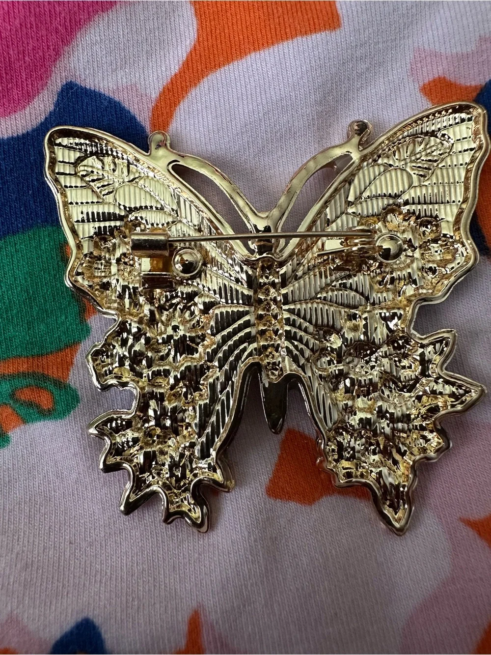 🦋 Blue White Floral Butterfly Brooch Pin Gold Tone Rhinestone Porcelain Look